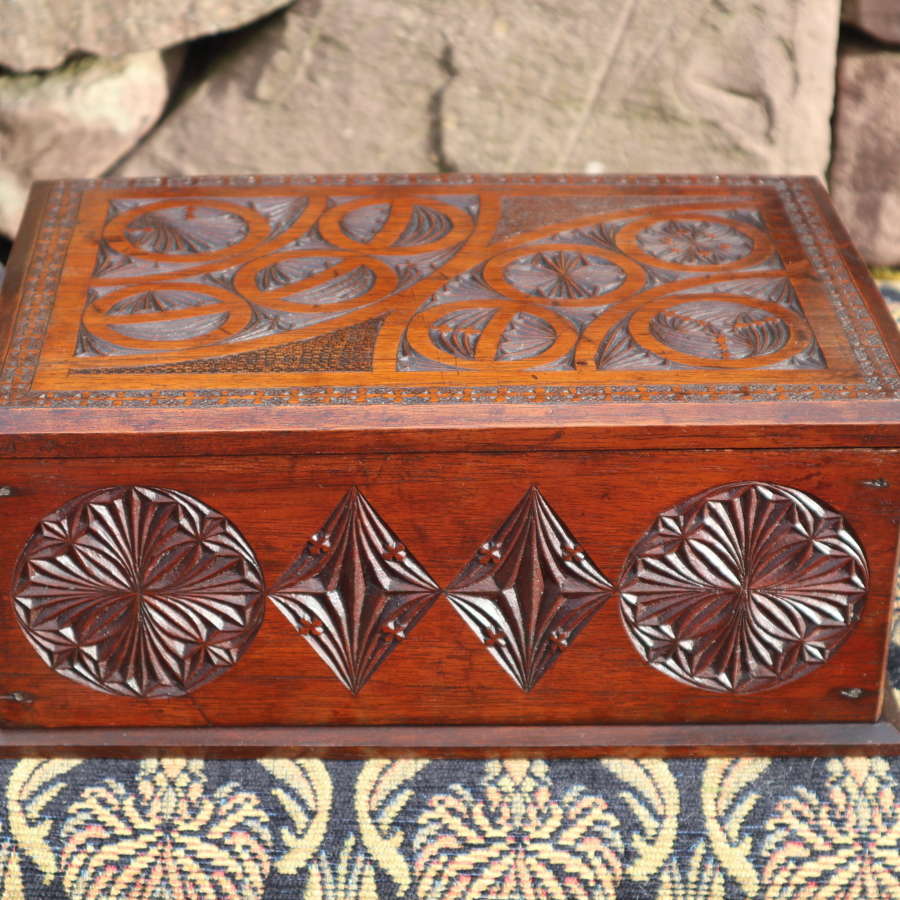 Arts & Crafts / Gothic geometric carved walnut writing box c.1880.