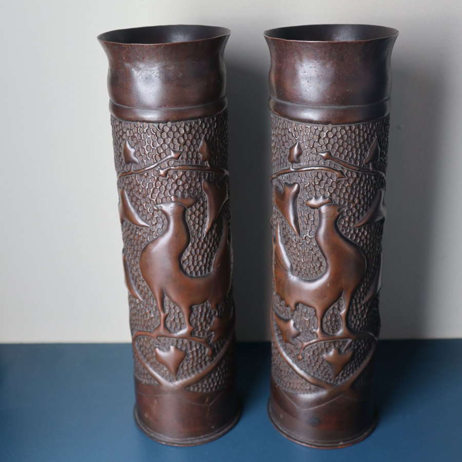 Arts & Crafts style pair large French Artillery shell cases 1914-18.