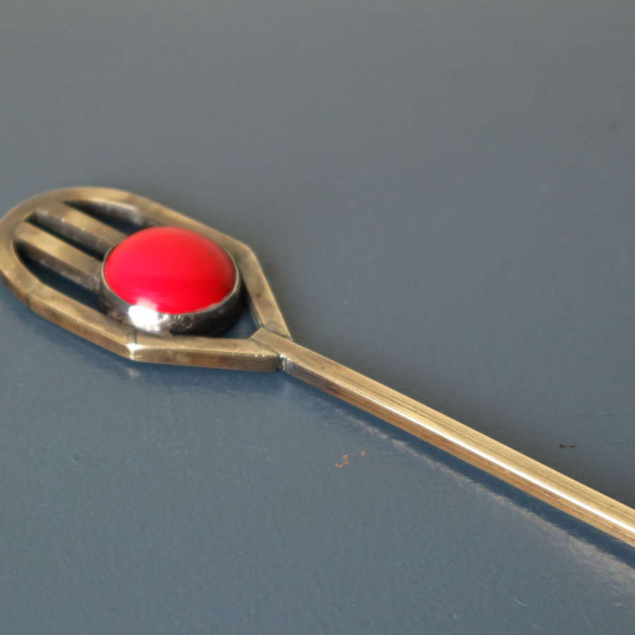 Art Deco brass & red bakelite cabochon geometric toasting fork c.1925.
