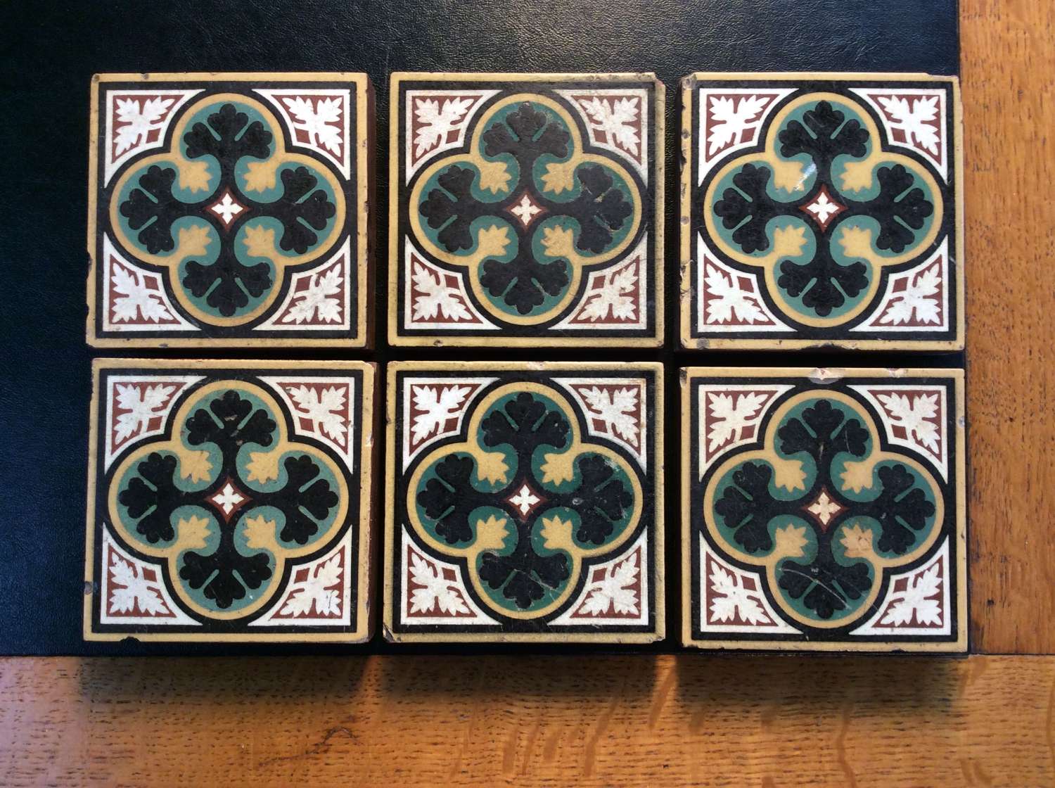 Victorian English geometric motif encaustic floor tiles c.1852-1900.