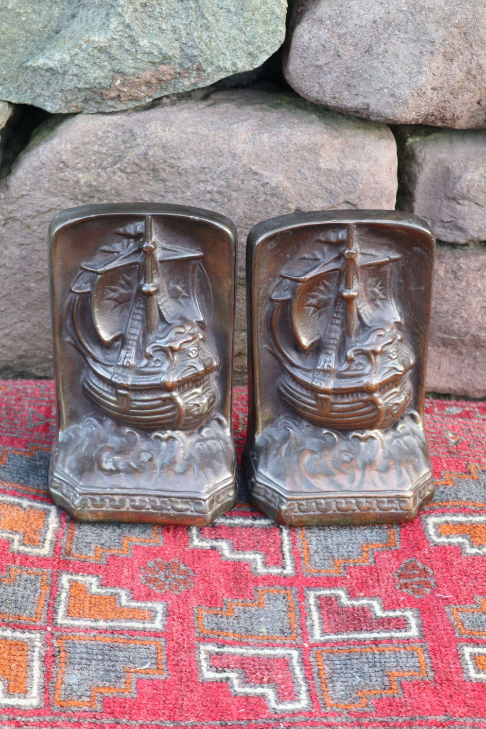 Arts & Crafts, galleons / sailing ships brass bookends c.1910.