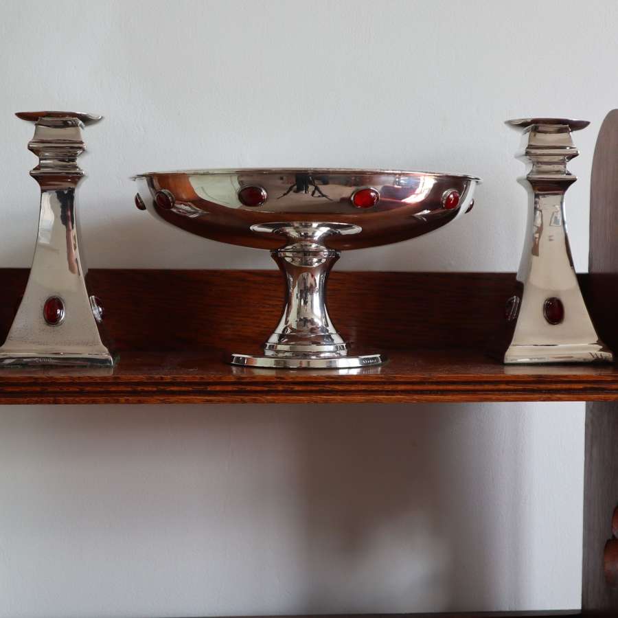Arts & Crafts / Art Deco, silver plated compote & candlesticks c.1920.