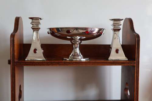 Arts & Crafts / Art Deco, silver plated compote & candlesticks c.1920.