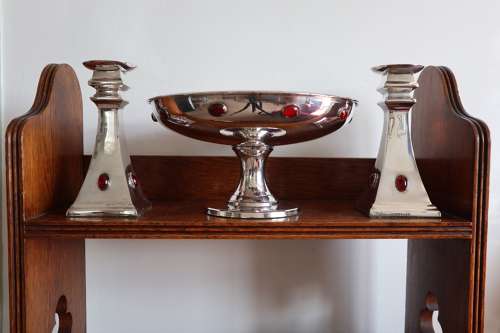 Arts & Crafts / Art Deco, silver plated compote & candlesticks c.1920.