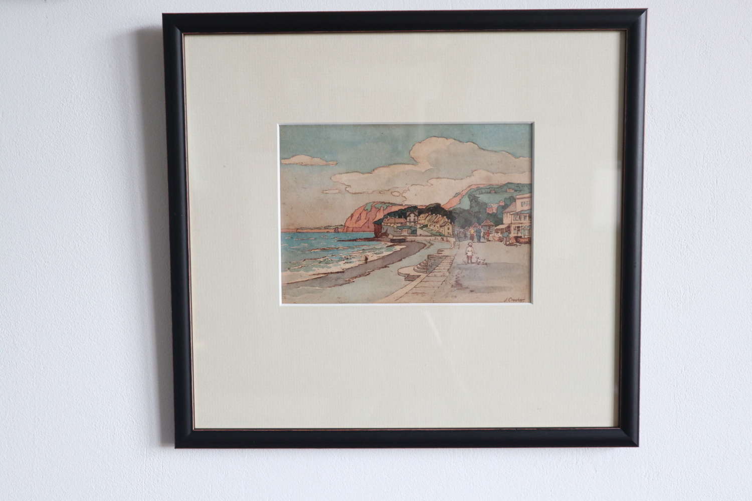Art Deco Marinescape / seaside promenade watercolour J Crocker c.1935.