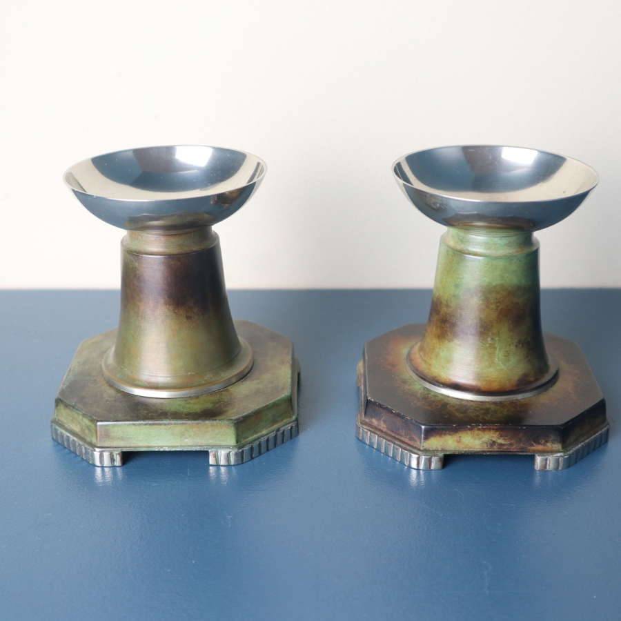 Art Deco pair of Swedish patinated bronze candle holders c.1935-42.