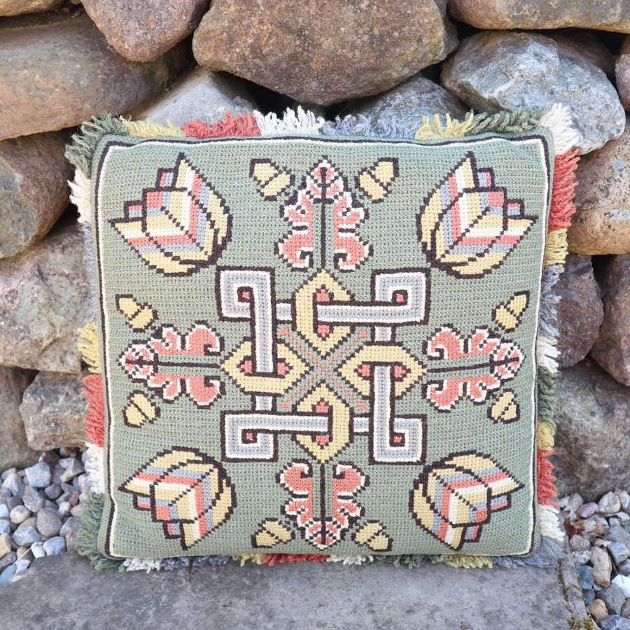 Swedish 'Folk Art' green geometric design cushion Skåne region c.1930