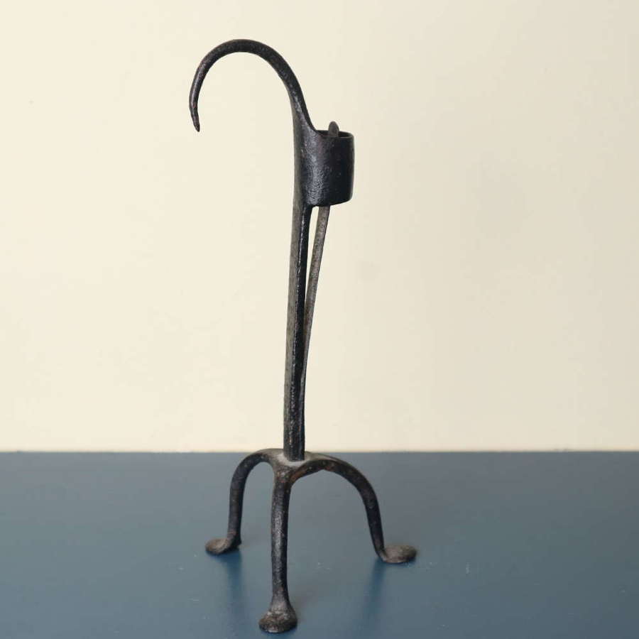 18th Century Swedish wrought iron tripod legged candle holder/stick