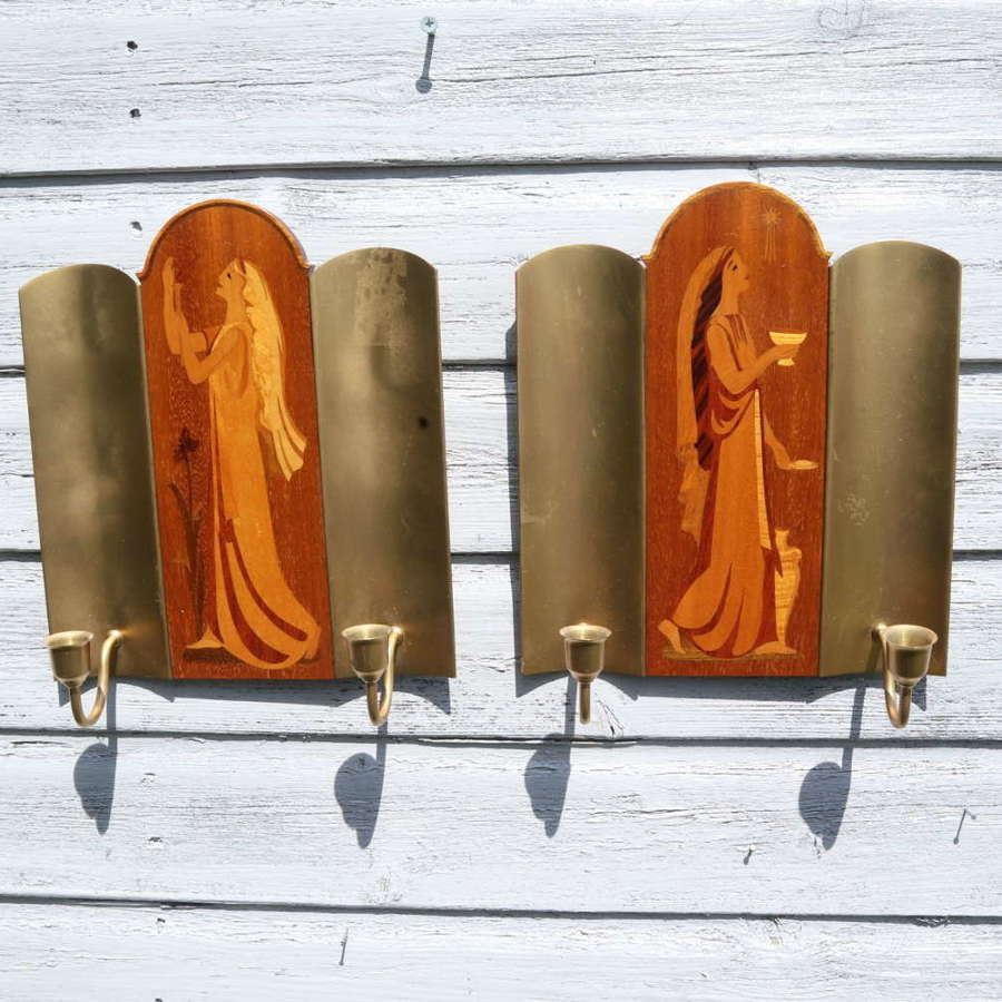 Swedish Art Deco Double Candle Sconces by Mjolby Intarsia c.1930s