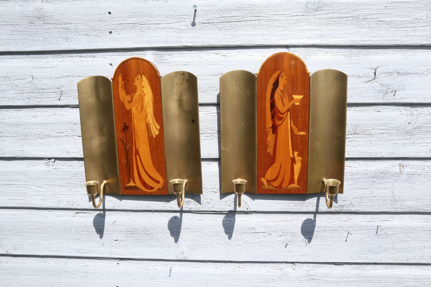 Swedish Art Deco Double Candle Sconces by Mjolby Intarsia c.1930s