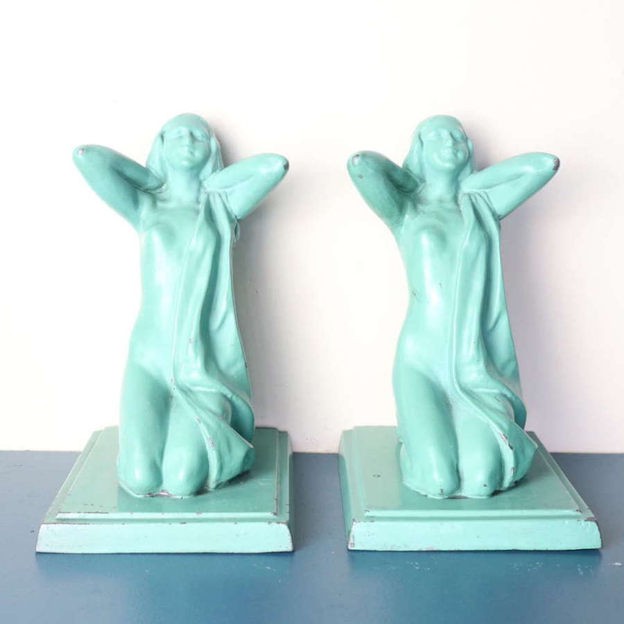 Art Deco kneeling nude woman sculpted painted spelter bookends 1931
