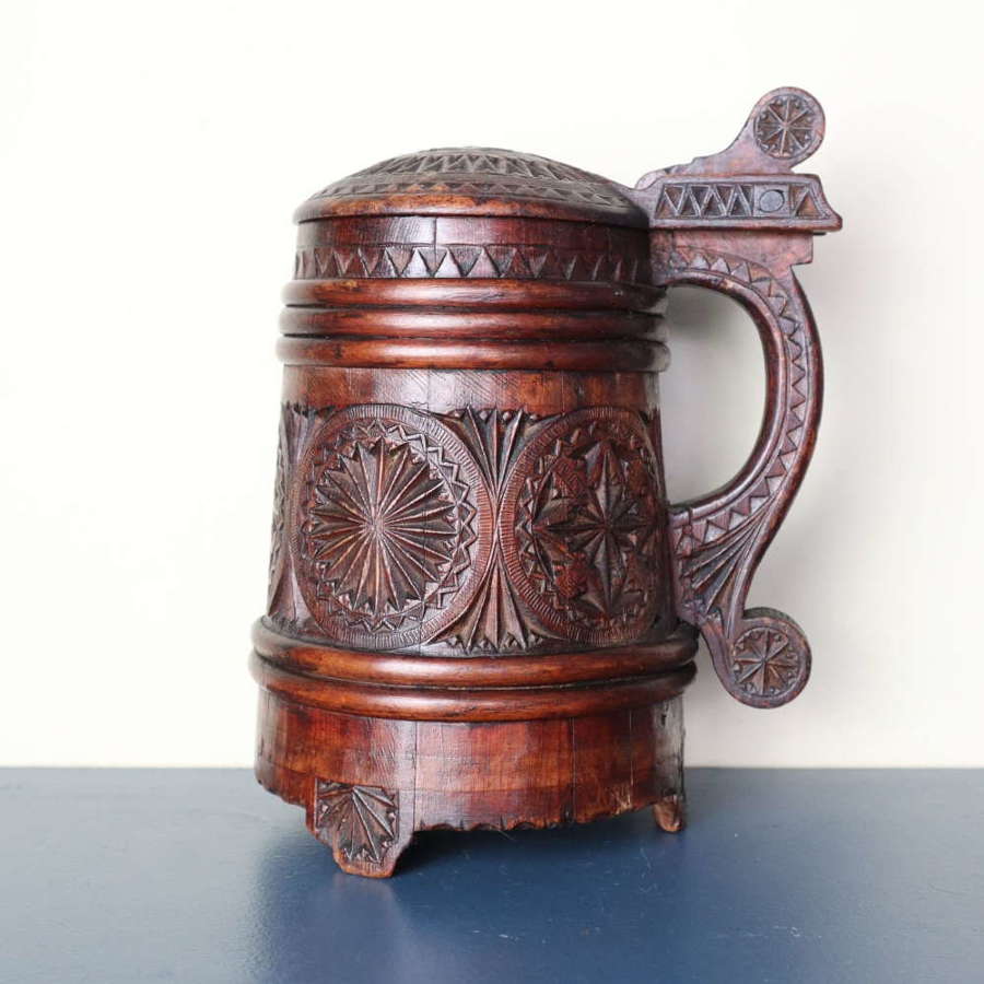 19th Century Norwegian folk art geometric carved & banded ale tankard
