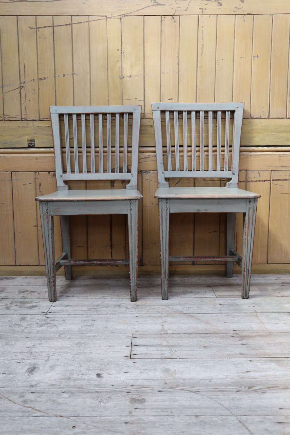 19th Century Gustavian Swedish grey painted pair slat-back chairs