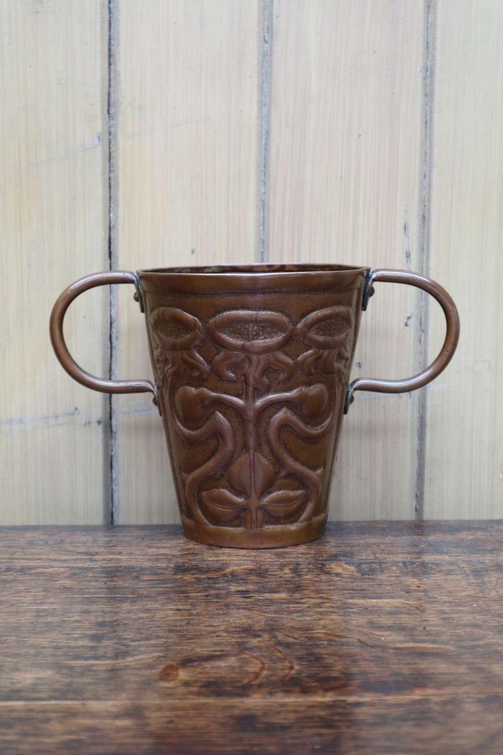 Arts & Crafts Yattendon twin handled copper loving cup c.1905