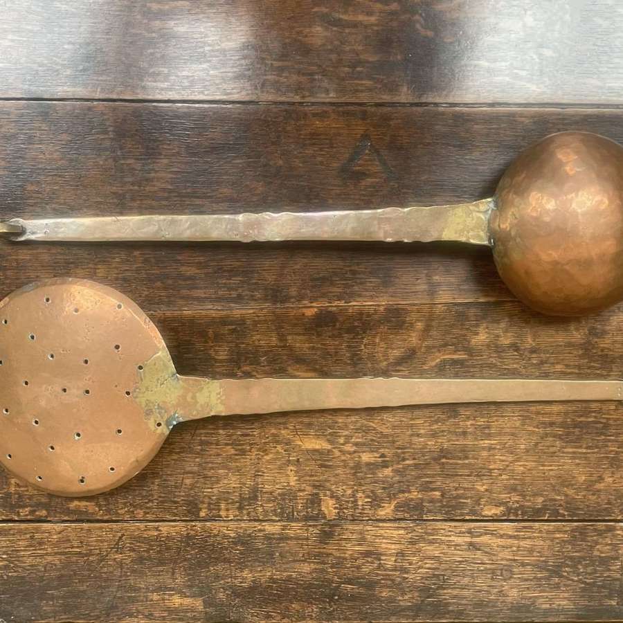 19th Century large pair French decorative copper ladle & skimmer