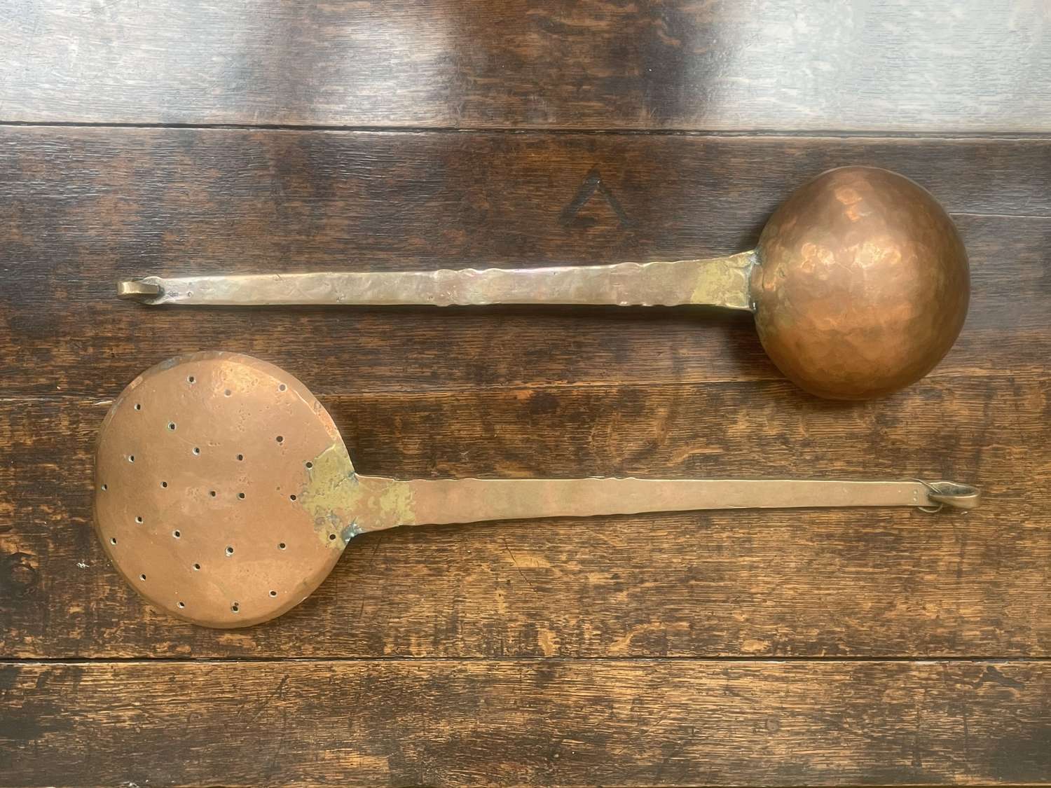 19th Century large pair French decorative copper ladle & skimmer