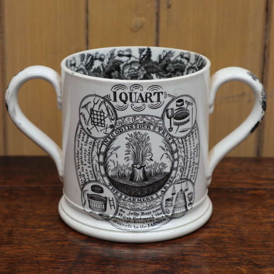 19th Century Staffordshire twin-handled cider mug 'The Farmers Arms'