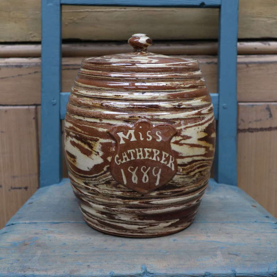 Scottish Seaton Agateware 'Miss Gatherer' Large storage barrel, 1889