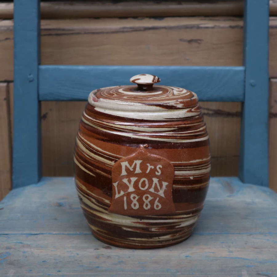 Scottish Seaton Agateware 'Mrs Lyon' storage barrel, 1886