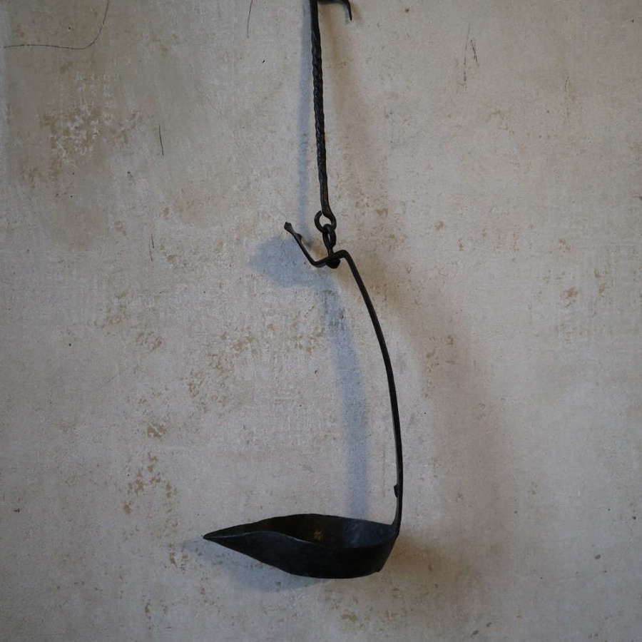 19th Century Scottish large wrought iron hanging 'cruisie' oil lamp