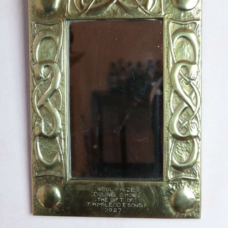 20th Century Scottish Arts & Crafts Celtic dragon brass wall mirror