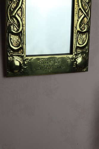 20th Century Scottish Arts & Crafts Celtic dragon brass wall mirror