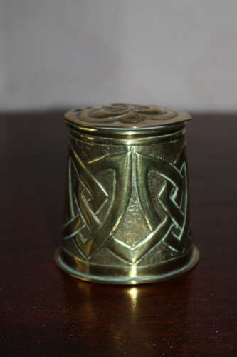 Scottish Arts & Crafts Movement Celtic knotwork brass inkwell c.1900