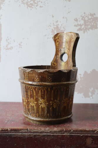 20th Century Swedish Folk Art decorative single handled wooden container