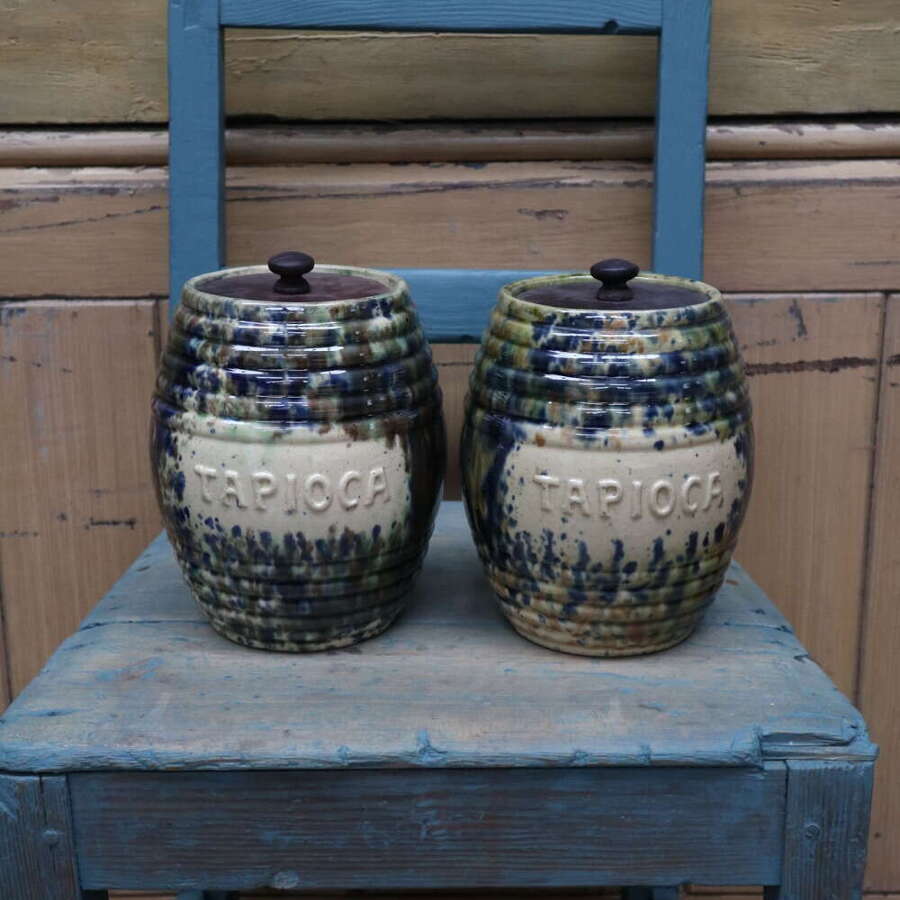 Scottish Pottery Slipware Barrel Storage Jars Tapioca with wooden lids x2