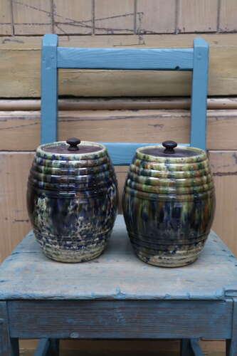 Scottish Pottery Slipware Barrel Storage Jars Tapioca with wooden lids x2