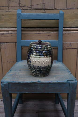 Scottish Pottery Slipware Barrel Storage Jars Tapioca with wooden lids x2