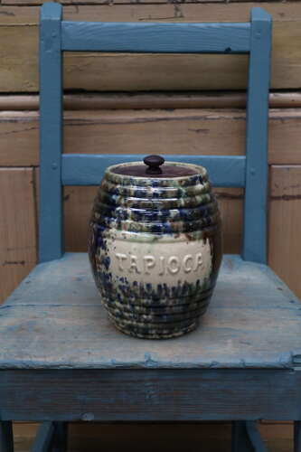 Scottish Pottery Slipware Barrel Storage Jars Tapioca with wooden lids x2