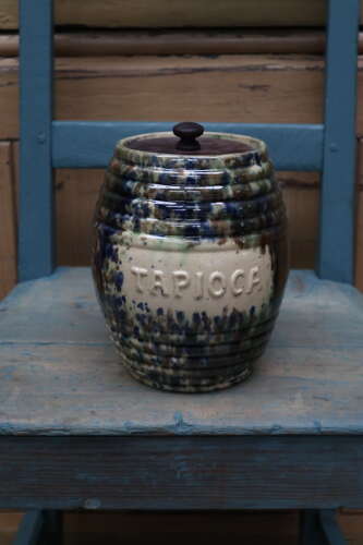 Scottish Pottery Slipware Barrel Storage Jars Tapioca with wooden lids x2