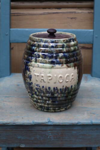 Scottish Pottery Slipware Barrel Storage Jars Tapioca with wooden lids x2