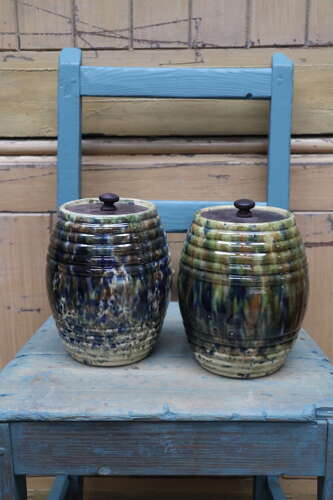 Scottish Pottery Slipware Barrel Storage Jars Tapioca with wooden lids x2