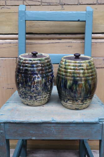Scottish Pottery Slipware Barrel Storage Jars Tapioca with wooden lids x2