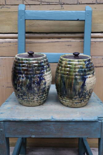 Scottish Pottery Slipware Barrel Storage Jars Tapioca with wooden lids x2