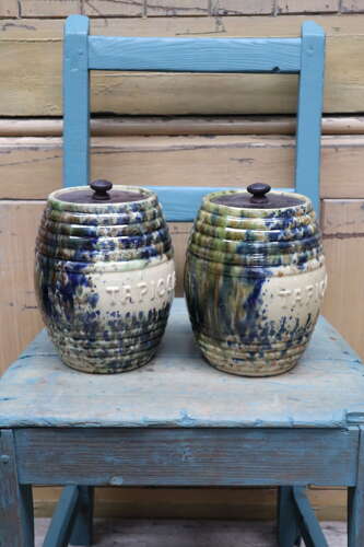 Scottish Pottery Slipware Barrel Storage Jars Tapioca with wooden lids x2