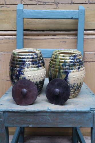 Scottish Pottery Slipware Barrel Storage Jars Tapioca with wooden lids x2