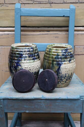 Scottish Pottery Slipware Barrel Storage Jars Tapioca with wooden lids x2