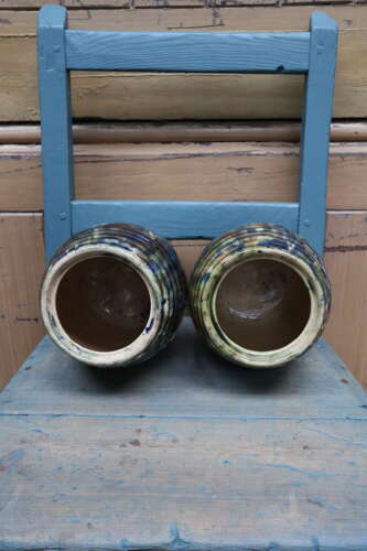 Scottish Pottery Slipware Barrel Storage Jars Tapioca with wooden lids x2