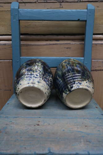 Scottish Pottery Slipware Barrel Storage Jars Tapioca with wooden lids x2