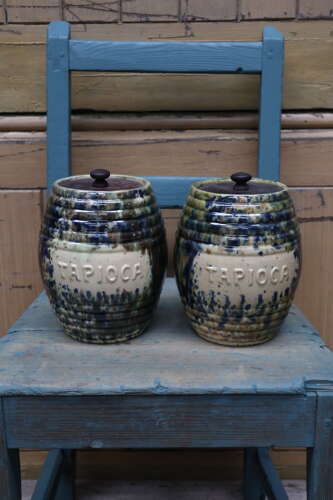 Scottish Pottery Slipware Barrel Storage Jars Tapioca with wooden lids x2