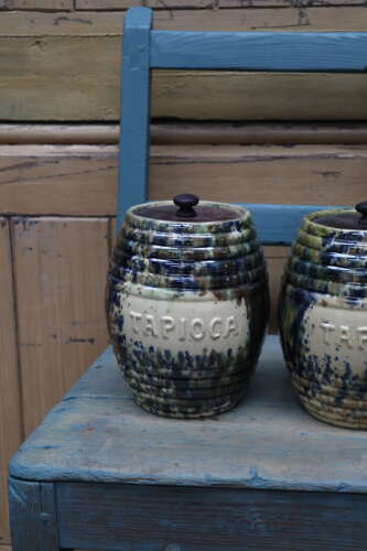 Scottish Pottery Slipware Barrel Storage Jars Tapioca with wooden lids x2