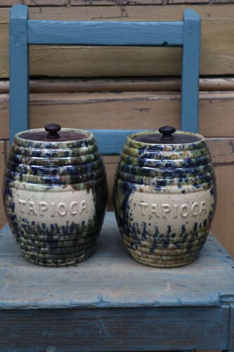 Scottish Pottery Slipware Barrel Storage Jars Tapioca with wooden lids x2