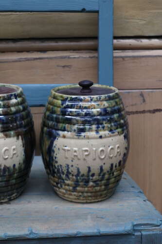 Scottish Pottery Slipware Barrel Storage Jars Tapioca with wooden lids x2