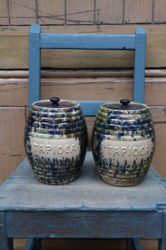Scottish Pottery Slipware Barrel Storage Jars Tapioca with wooden lids x2