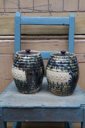 Scottish Pottery Slipware Barrel Storage Jars Tapioca with wooden lids x2