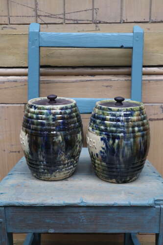 Scottish Pottery Slipware Barrel Storage Jars Tapioca with wooden lids x2