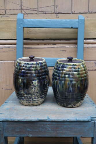 Scottish Pottery Slipware Barrel Storage Jars Tapioca with wooden lids x2